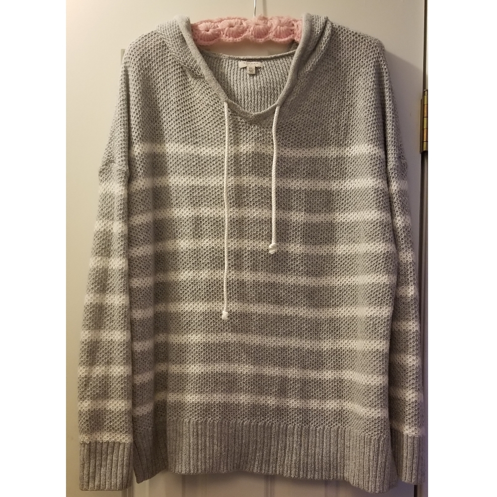 Grey and white striped hoodie sweater